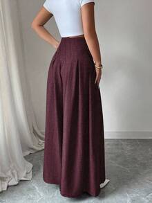 Elenzga Quần ống rộng xếp ly đơn giản màu trơn cao cấp thời trang nữ - Màu Đỏ Sâu - Xem 2