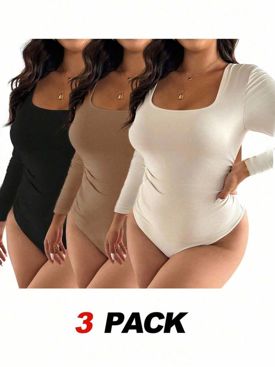 SHEIN Frenchy Plus Size Casual Solid Color Long Sleeve Bodysuit - Multicolor - View 1