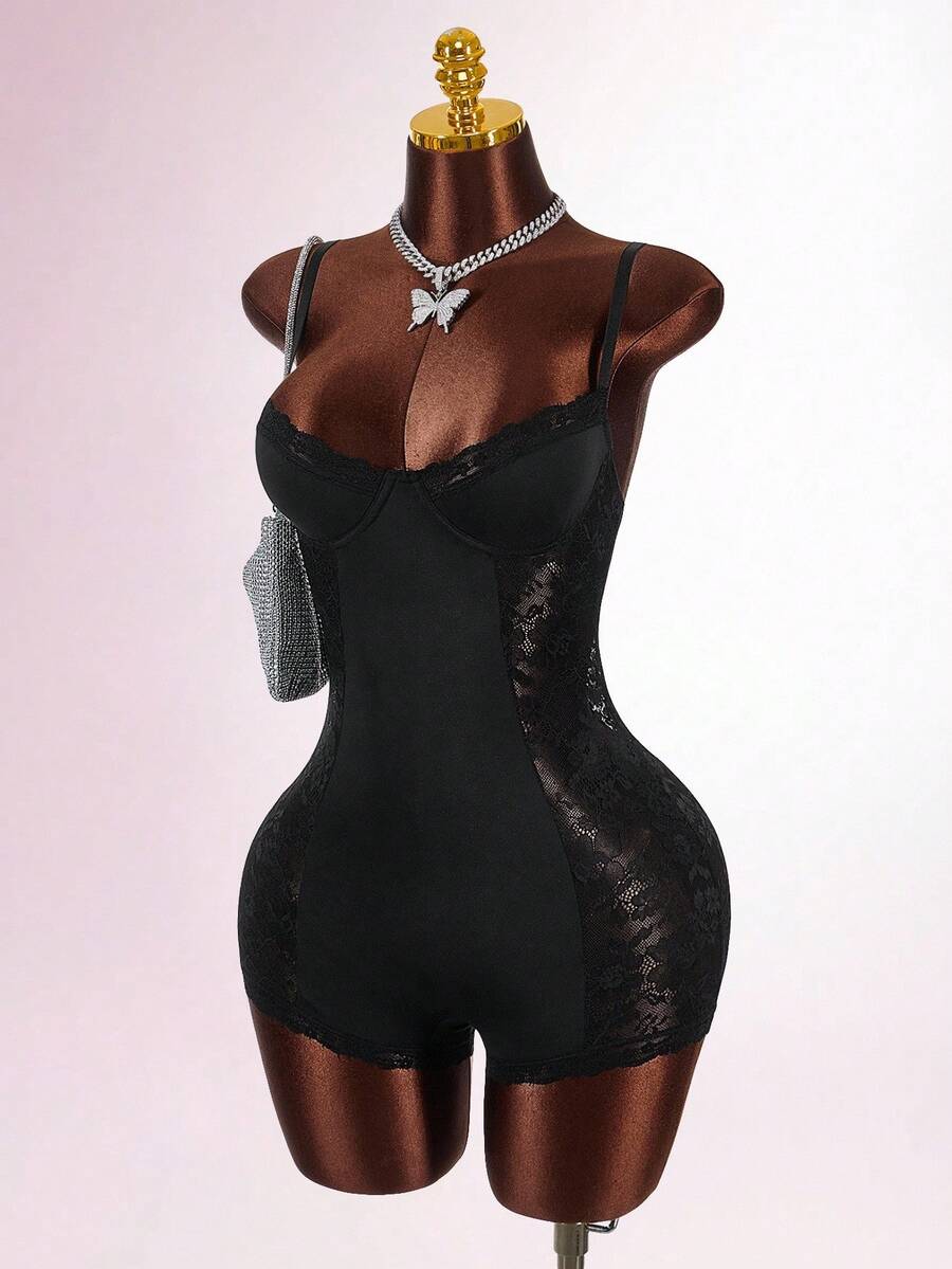 Amplova 性感撞色蕾丝束腰女式连体衣 - 黑色 - 查看 1