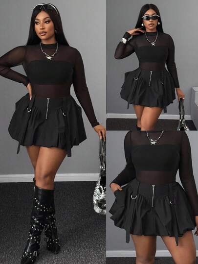 Maweii Black Casual Zipper Ruffle Hem Mini Skirt, Versatile Design For Streetwear, Commuting, Plus Size