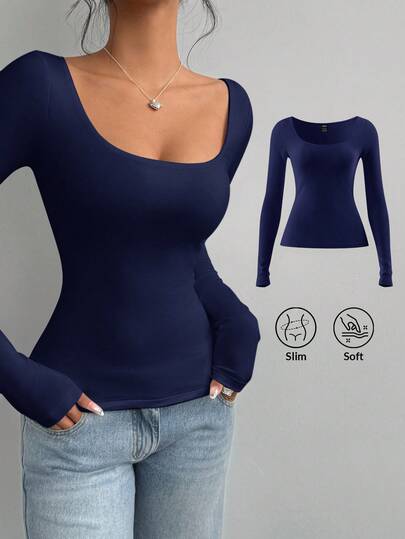 SHEIN BASICS Dam Casual Enfärgad Stickad Figurnära Långärmad Rund Halsad T-shirt Vanlig