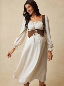 Boho Mama Maternity Frill Hem 2 In 1 Long Sleeve Waist Drawstring Western Style Dress Maternity Photoshoot Dress Pregnancy Dress Beige Maternity Dress Boho Maternity Dress Maternity Dresses Baby Shower - Multicolor - View 3