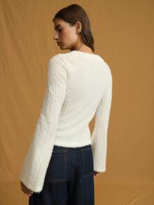 Nöista 纹理针织开衫，修身廓形，V 领，纽扣开合，适合秋季、办公室、休闲 - 米色 - 查看 2