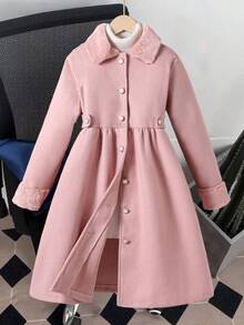 浅粉色单排扣大衣，带毛领，中长款，秋冬季 - 粉色 - 查看 2