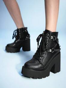 Sugerpunk 哥特式复古交叉带粗跟女靴，性感高台防水系带侧拉链性能朋克风格踝靴 - 黑色 - 查看 3