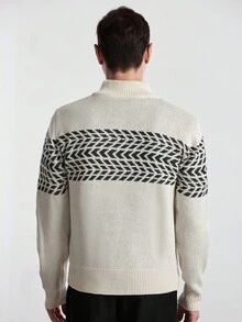 Manfinity Homme Áo len chui đầu tay dài cổ khóa kéo họa tiết hình học cho nam Sumwon Twilight, Thu Đông - trắng - Xem 5