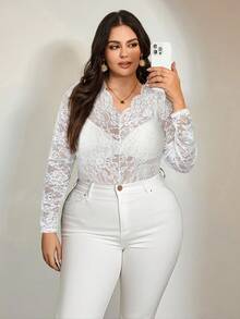 SHEIN Tall CURVE 大码女式优雅性感纯色透明蕾丝衬衫 - 白色 - 查看 3