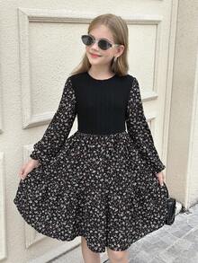 SHEIN Tween Girl LUNE 花卉印花灯笼袖荷叶边下摆连衣裙，法式花卉，仙女裙，田园风 - 黑色 - 查看 3