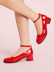 CUCCOO DOLLMOD 女士时尚百搭圆头粗跟镂空高跟鞋 - 紅色 - 查看 5