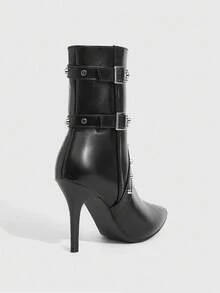 CUCCOO SZL Women's Pointed Toe Stiletto Buckle Sexy Elegant Fashion Mid-Calf Boots - Black - View 4