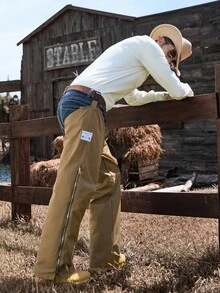 Manfinity Nomadique Men's Casual Protective Pants, Straight Leg Outdoor Style Pants With Small Logo Decoration And Zipper, Suitable For Hiking And Daily Wear, Great Gift For Boyfriend Or Husband, Fall