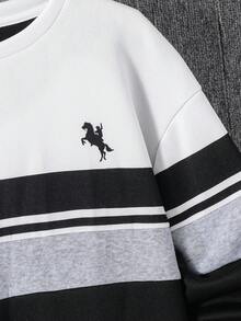 SHEIN Áo nỉ dài tay cổ tròn họa tiết hiệp sĩ kẻ sọc thể thao thường ngày cho bé trai tuổi teen, màu tương phản, thích hợp mặc đi làm, đi học, mặc thường ngày, thể thao, thu/đông - màu đen - Xem 5