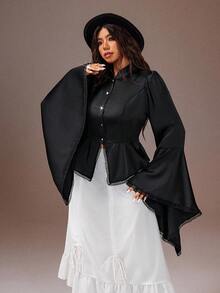 Rustia Plus Size Elegant Solid Color Bell Sleeve Blouse