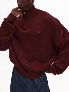 SUMWON Quarter Zip Knitted Jumper With Ribbed Collar Classic Winter Casual Long Sleeve High Neck Pull Over Regular Fit Sweater For Cold Weather - Brown - View 1