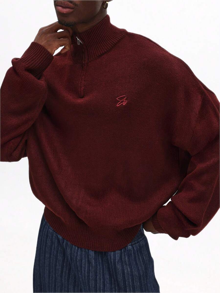 SUMWON Quarter Zip Knitted Jumper With Ribbed Collar Classic Winter Casual Long Sleeve High Neck Pull Over Regular Fit Sweater For Cold Weather - Brown - View 1