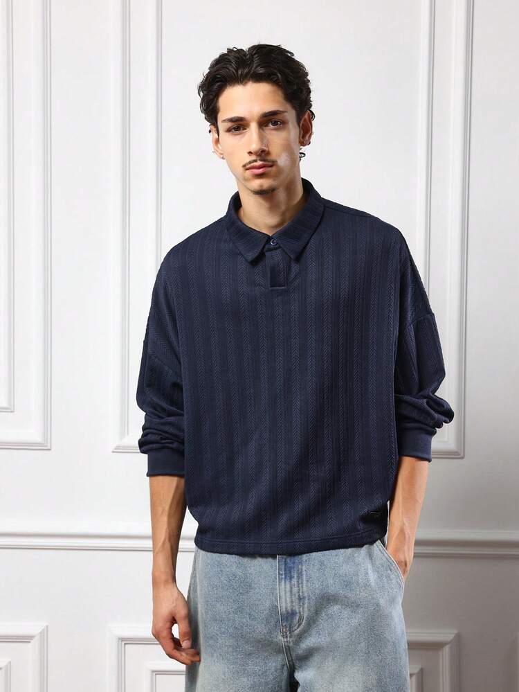 Suéter Polo Texturizado SUMWON para Homens, Caimento Quadrado, Manga Longa, Padrão Canelado, Comprimento Regular, Estilo Casual de Rua, Moda de Outono, Liso