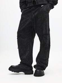 SUMWON Washed Heavyweight Loose Fit Joggers With Applique Effect Winter Casual Streetwear Cotton Wide Leg Cargo Pants With Chunky Platform Boots - Black - View 5