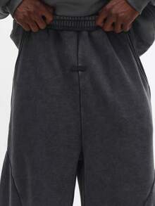 SUMWON 经典款重磅棉混纺拼接慢跑运动裤，宽松版型，休闲秋冬居家服，侧边口袋，弹性裤脚，纯色 - 深灰色 - 查看 6