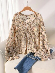 CosyJoli Plus Size Casual Colorful Table Tennis Yarn Texture Tie-Up Bow Hollow Out Front Open Knitted Cardigan Jacket, Sun-Proof In Fall/Winter - Multicolor - View 7