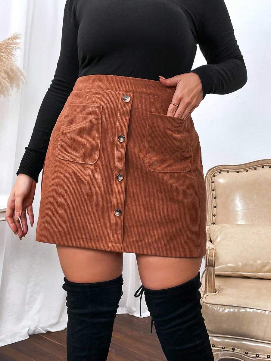 Vionelle Große Größen einfarbiger Knopf Taschen Lässig Bodycon Rock Braun Mini Rock Damen Rock Cargo Taschen Rock Cord Knopfverschluss Rock Hoher Bund Rock