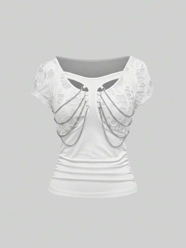 ROMWE Grunge Punk Camiseta de mujer con diseño plisado de cadena punk en negro