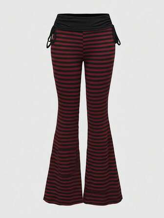 Grunge Punk Pantalones de pierna acampanada con cordón y contraste de color a rayas, estilo punk para mujeres