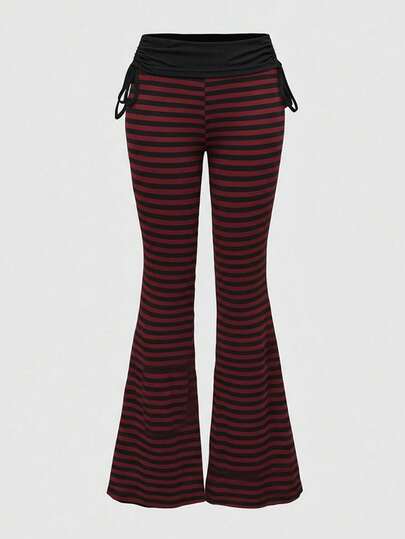 Grunge Punk Pantalon évasé à cordon de serrage de style punk avec rayures et couleurs contrastées pour femmes