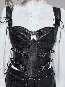 ROMWE EDITION 朋克风格金属扣索环黑色短款上衣，适合街头派对 - 黑色 - 查看 9