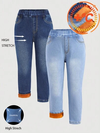 SHEIN 2pcs/Set Young Girl Y2K Navy Blue & Light Blue Denim Thermal Lined Elastic Skinny Pants, Autumn/Winter,Thick Fleece Thermal Long Pants,Fall,Autumn,Casual And Fashionable Vacation,Fleece Leggings