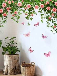 1pc Fanyu Rose Vine Butterfly Wall Stickers - Self-Adhesive Removable PVC Decals With Pink Roses, Green Leaves & Purple Butterflies For Walls, Plastic Surfaces - Fantasy Floral Decor, Semi-Matte Finish, Butterfly Decorations