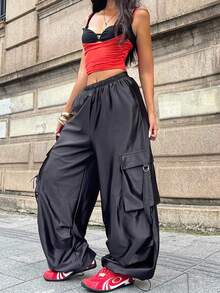 Coolane Pantalones anchos negros de estilo deportivo y callejero para mujer, ideales para salir en verano y otoño