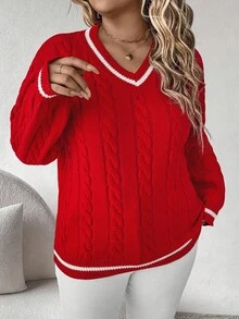 EMERY ROSE Plus Size Women Red & White Striped Knit Sweater, Casual Pullover Sweater Suitable For Christmas, Halloween, Back To School Season, Autumn/Winter