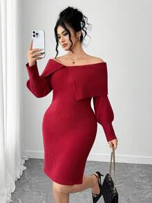 SHEIN Elenzya Plus-Size Women's Solid-Color Knitted Sweater Dress, Off-The-Shoulder With Lapel, Waist-Slimming, Long-Sleeved & Bodycon, Elegant & Sexy, Suitable For Autumn & Winter, Christmas (Including Christmas Parties), Back-To-School, Vacation & OfficeChristmas Outfits Women's Winter Apparel - Red - View 4