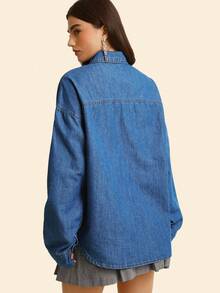 Daynim 女士休闲落肩宽松牛仔衬衫 - 中等水洗藍 - 查看 2