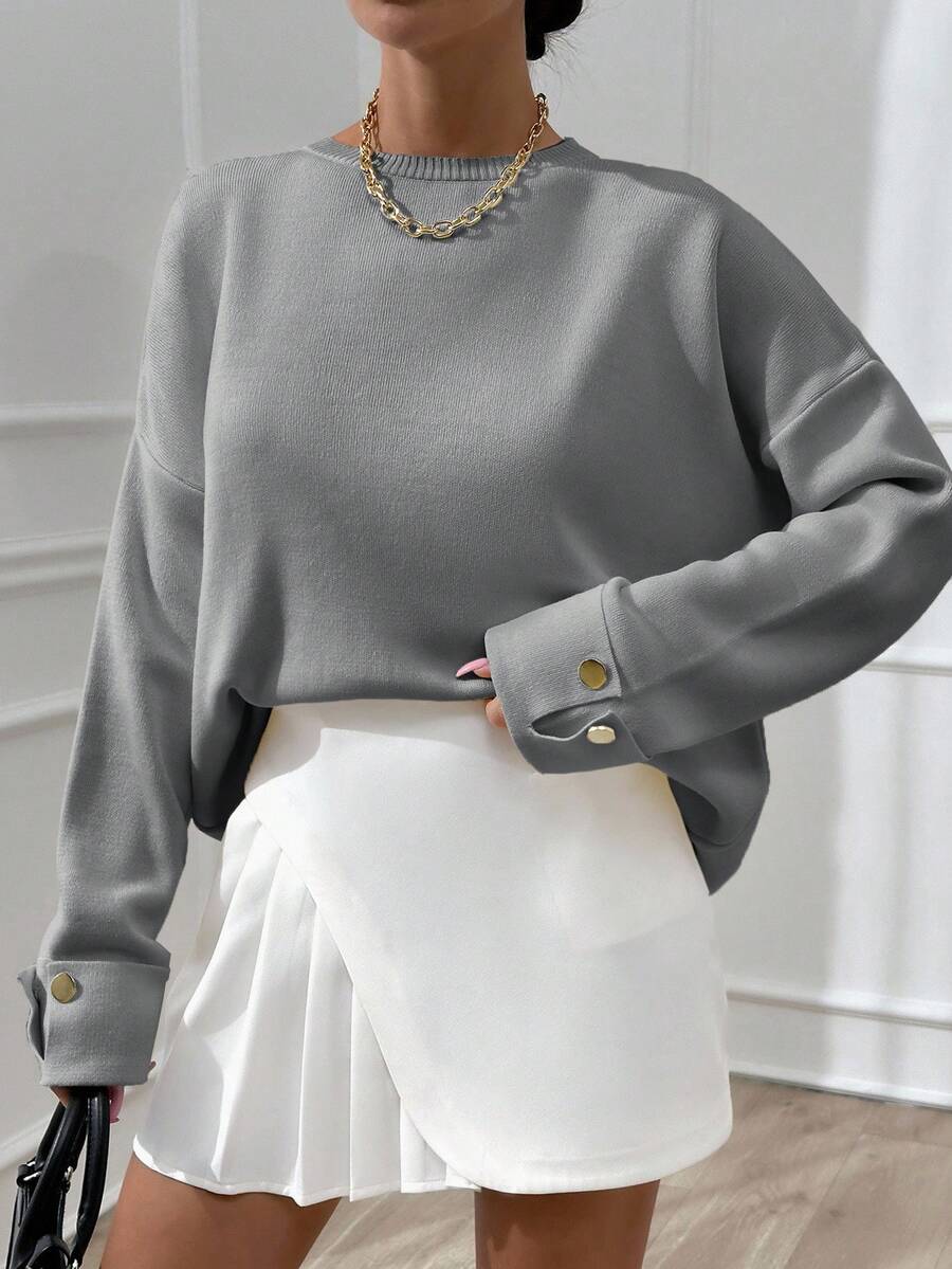 EURMUSE 女士双袖纽扣细节超大号冬季厚毛衣,温暖触感 - 灰色 - 查看 1