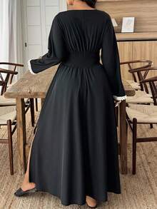 Weeklong Plus Size Elegant Sexy Contrast Color Lace Trim Deep V-Neck Slit Dress Fall Cloth For Women - Black - View 2