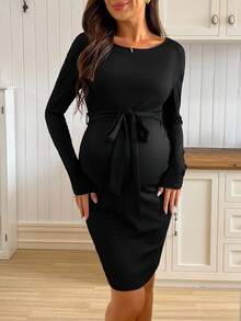 SHEIN 休闲日常百搭长袖抽绳宽松针织弹力黑色中长孕妇连衣裙 - 黑色 - 查看 3