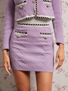 Enchnt Women's Purple Pearl Buttons Color Block Fitted Knit Skirt,Soft Summer Colour Palette,Autumn,Elegant,School,Back-To-School,Sweet&Elegant For Party - Purple - View 1