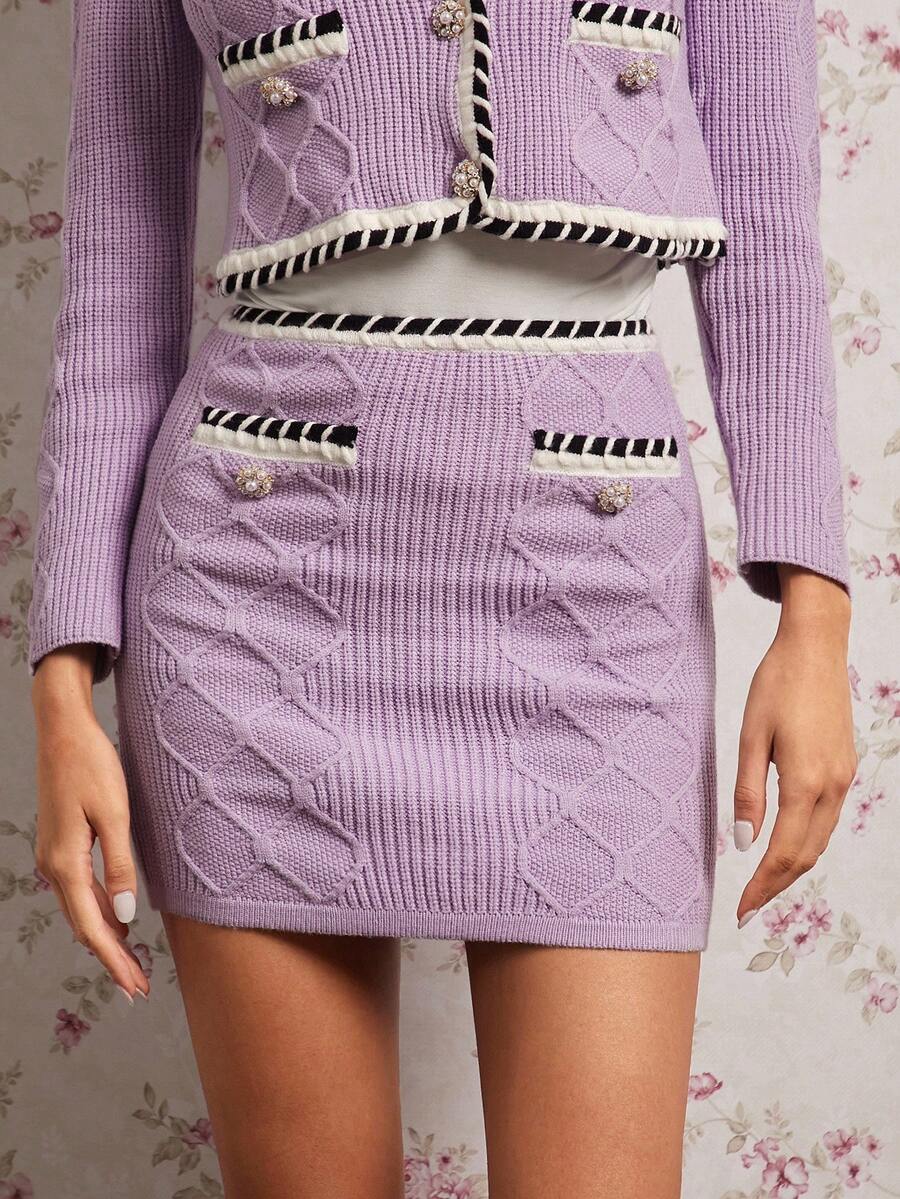 Enchnt Women's Purple Pearl Buttons Color Block Fitted Knit Skirt,Soft Summer Colour Palette,Autumn,Elegant,School,Back-To-School,Sweet&Elegant For Party - Purple - View 1