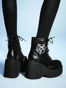 Sugerpunk Women's Casual Party Chunky Heel Ankle Boots, Gothic Punk Style Round Star Embroidery Lace-Up With Back Zipper, Black High Heel Thick Bottom Wedge Motorcycle Boots - Black - View 4