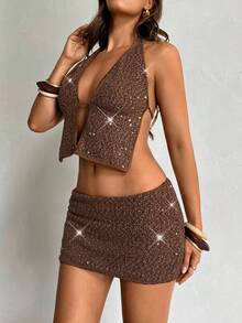 Aloruh Women's Sexy Glamorous Sequin Fabric Shiny Party Outfit, Halter Backless Top And Low Waist Mini Skirt 2-Piece Set Sequin Top Sequin Skirt Women Glitter Top Two Piece Set Women 2 Piece Sets For Women Women's Two Piece Sets Women's Crop Top Going Out Tops For Women - Apricot - View 5