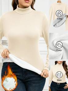 SHEIN Clasi Plus Size Women Thermal Lined Long Sleeve T-Shirt, Autumn/Winter - Khaki - View 1