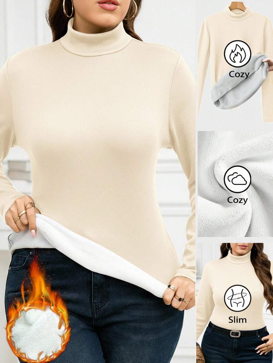 SHEIN Clasi Plus Size Women Thermal Lined Long Sleeve T-Shirt, Autumn/Winter - Khaki - View 1