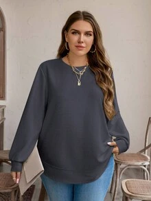 SHEIN LUNE Áo nỉ dài tay tối giản màu trơn cỡ lớn dành cho nữ mặc hàng ngày, trang phục thiết yếu cho ngày lễ - Màu xám đen - Xem 3