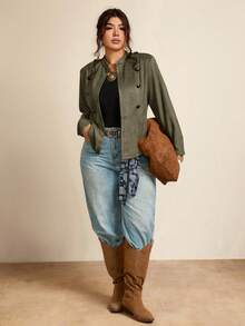 Freevana Plus Size Solid Color Button Decor Casual Long Sleeve Jacket Travel Fall Khaki Earthy Winter