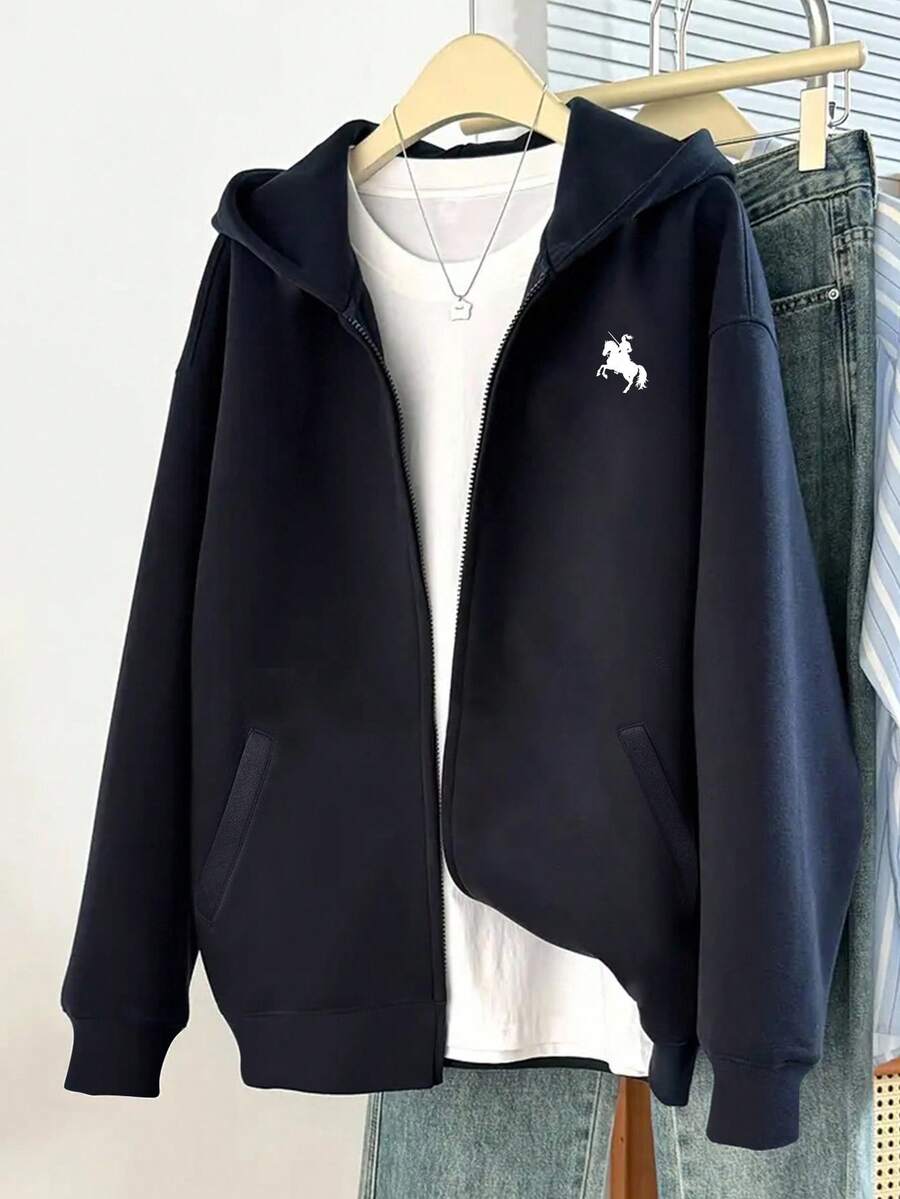 青少年女孩拉链连帽衫,舒适骑士印花长袖运动衫,休闲户外,运动,秋冬 - 寶藍色 - 查看 1