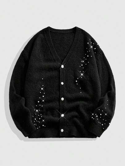 Street Life Suéter de Cardigan Holgado de Moda Versátil con Tachuelas de Cuello en V para Hombre, Otoño/Invierno