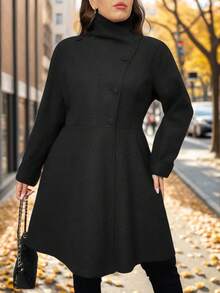 SHEIN Privé 大码女装时尚秀场款不对称A字灰色大衣，适合简约出行和冬季优雅约会 - 黑色 - 查看 5