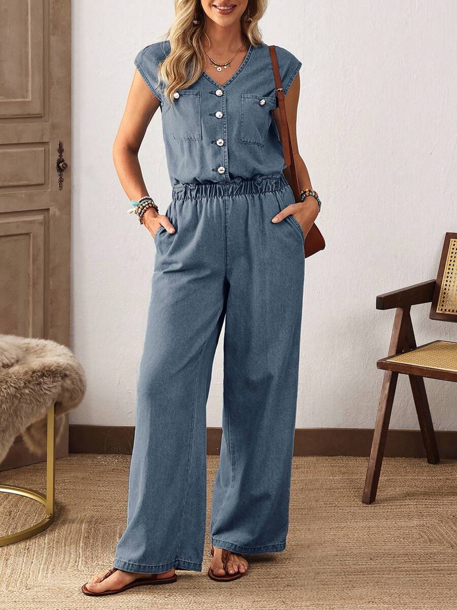EMERY ROSE 女式休闲纽扣半襟斜口袋牛仔背带裤，夏季 - 藍色 - 查看 1