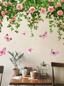 1pc Fanyu Rose Vine Butterfly Wall Stickers - Self-Adhesive Removable PVC Decals With Pink Roses, Green Leaves & Purple Butterflies For Walls, Plastic Surfaces - Fantasy Floral Decor, Semi-Matte Finish, Butterfly Decorations